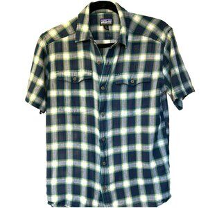 Patagonia Men's Blue Steersman Short Sleeve Shirt Small Organic Cotton 52931
